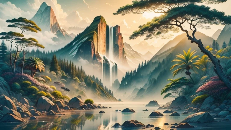 best quality, high quality, white background, scenery, ink, tropical forest, fruit trees, lake, waterfall, varied fauna and flora,