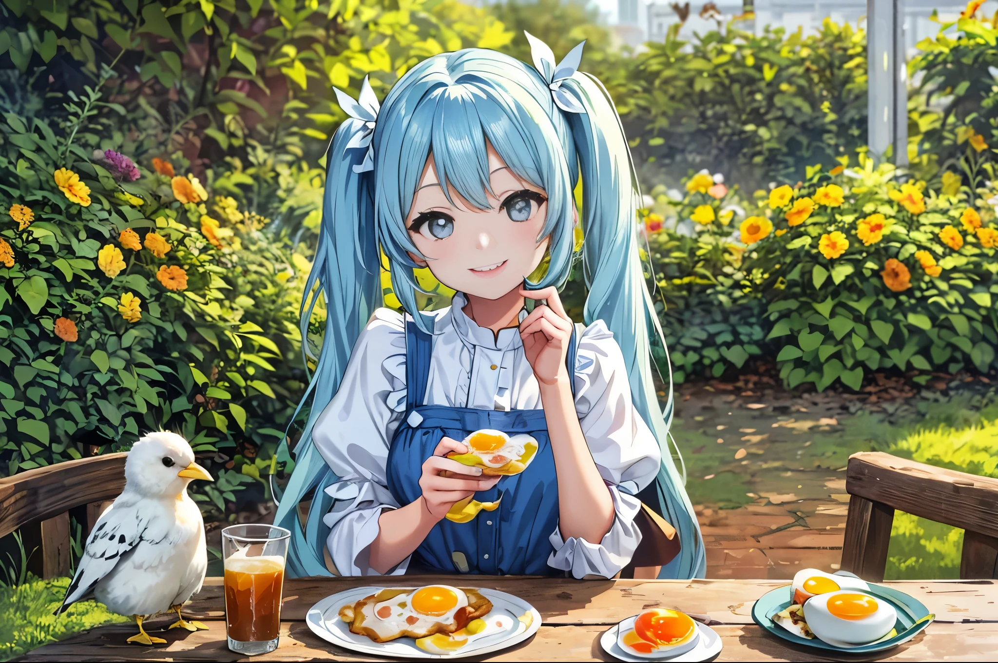 In a garden full of chicks Beautiful girl eating fried egg breakfast Light blue long hair twin tails adorable smile