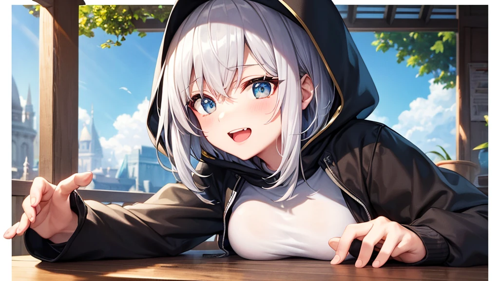 super high quality, with a girl, 20-year-old, very short hair, long bangs between the eyes, gray eyes , blue sky, sunlight, very detailed,(masterpiece、highest quality)、alone、gray hair、laughter、fantasy, silver hair, black eye, beautiful eyes,, ecstasy, charm, be smitten with audience, fantasyな風景、Princess、white hoodie、black shirt