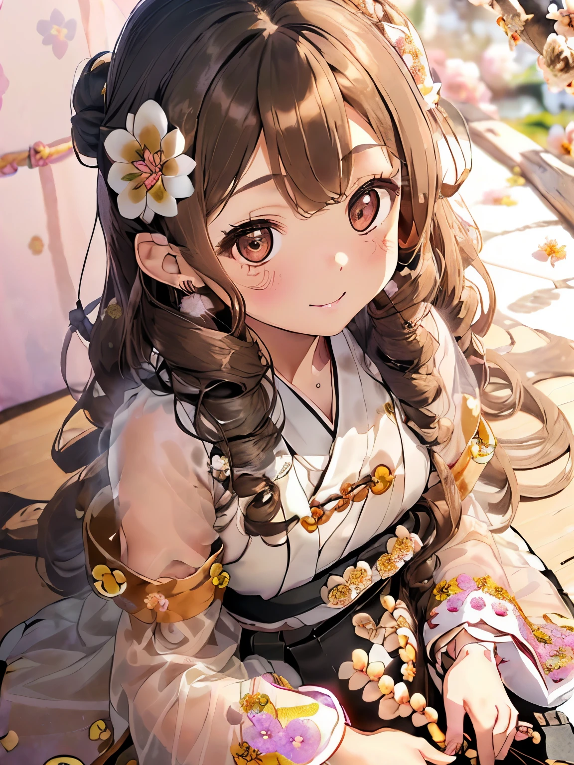 (light brown hair:1.2),(long hair with curls:1.3),(drill curl hair:1.25),(Odango Hair:1.3),(black eye:1.4),(Eye size:1.5),(Accessories with flower motifs:1.3),((Hanbok fashion:1.4)),(sheer sleeve:1.4),(Fluffy skirt:1.35),(Background full of blooming flowers:1.5),(blush),(cute smile:1.3),(small breasts:1.4),(close up of face:1.25),((frog-sit on the floor:1.3)),