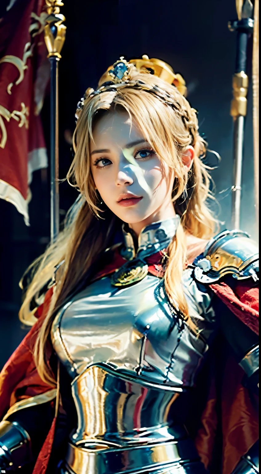 Masterpiece, professional photograph, full body, hero pose, (facing the viewer), holy female paladin wearing full body (full plate silver armour:1. 2), muscular frame, (her armor has golden ornaments and she has a red cloak) divine aura, holy warrior, she's a fantasy medieval queen, (wearing a golden crown) d&d setting, fantasy genre, knight-queen, (insanely detailed, bloom:1. 5), (highest quality, Alessandro Casagrande, Greg Rutkowski, Sally Mann, concept art, 4k), (analog:1. 2), (high sharpness), (detailed pupils:1. 1), (painting:1. 1), (digital painting:1. 1), detailed face and eyes, Masterpiece, best quality, (highly detailed photo:1. 1), 8k, photorealistic, (long blonde Hair, ponytail haircut, ecstatic:1.1), By jeremy mann, by maciej kuciara, sharp, (perfect body:1.1), realistic, real shadow, (Apocalyptic battlefield, medieval war, flags, banners, knights in the background:1. 2), 