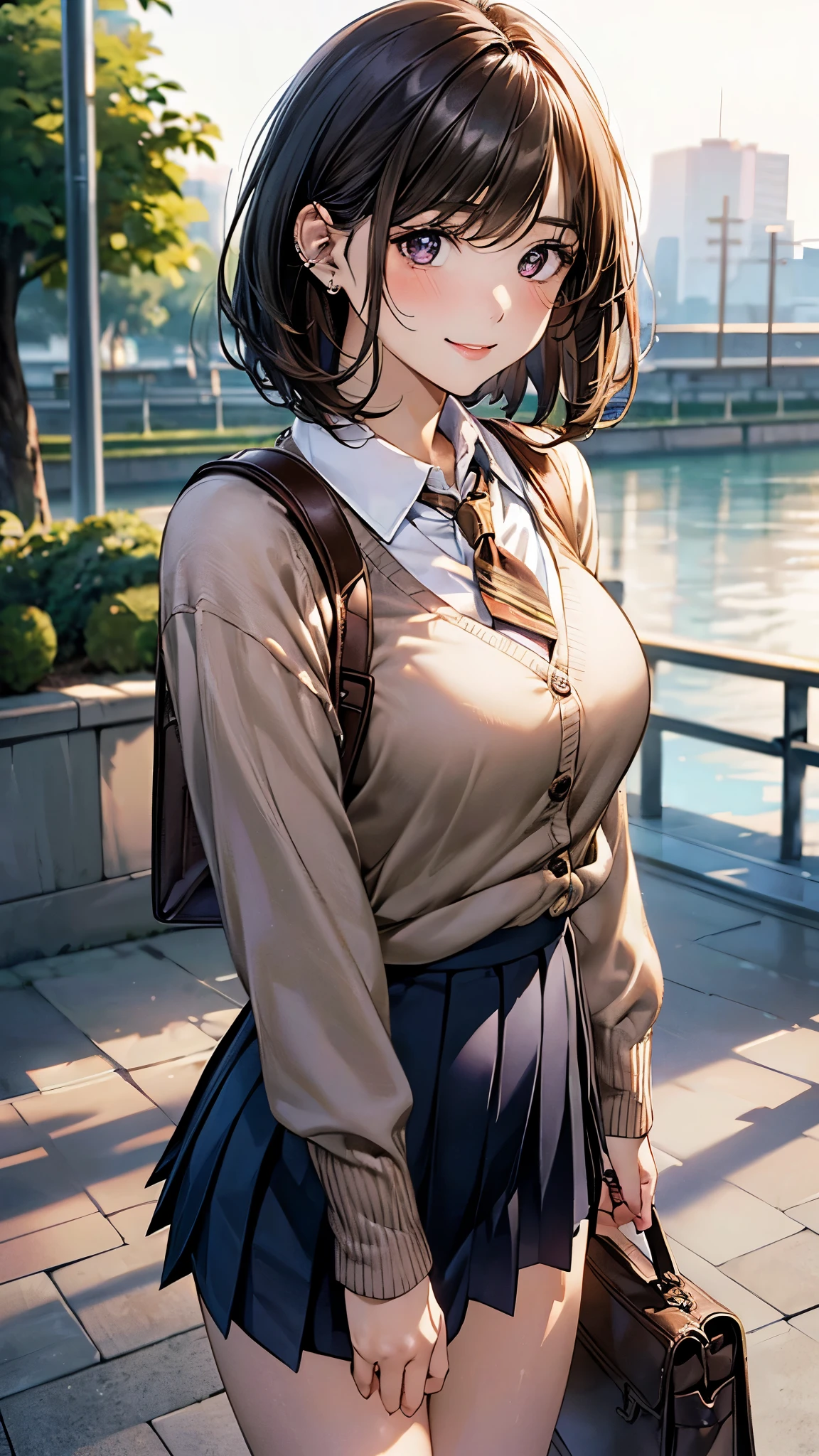 nsfw,(masterpiece:1.2, highest quality), (Realistic, photoRealistic:1.4), Beautiful illustrations, (Natural Side Lighting, Cinema Lighting), 
View Viewer, Cowboy Shot, Front view:0.6, 1 girl, Japanese, high school girl, Perfect Face, Cute and symmetrical face, Shiny skin, 
(Long Hair:1.4, High Ponytail:1.7, Light brown hair), Hair between the eyes, Emerald green eyes, Long Eyelashes, (Big Breasts:0.9, Thick thighs), 
Beautiful Hair, Beautiful Face, Beautiful fine details, Beautiful clavicle, Beautiful body, Beautiful breasts, Beautiful thighs, Beautiful feet, Beautiful fingers, 
((White collared shirt with long sleeves, Navy pleated mini skirt, Navy them, Light Gray Cardigan)), Showing off her pink panties、
(Beautiful views), evening, River side, (Cute smile, Upward glance), She&#39;s lifting up her skirt:1.5、Don&#39;t show your teeth、Showing off her breasts:1.2、The button is unbuttoned、Clothes are open