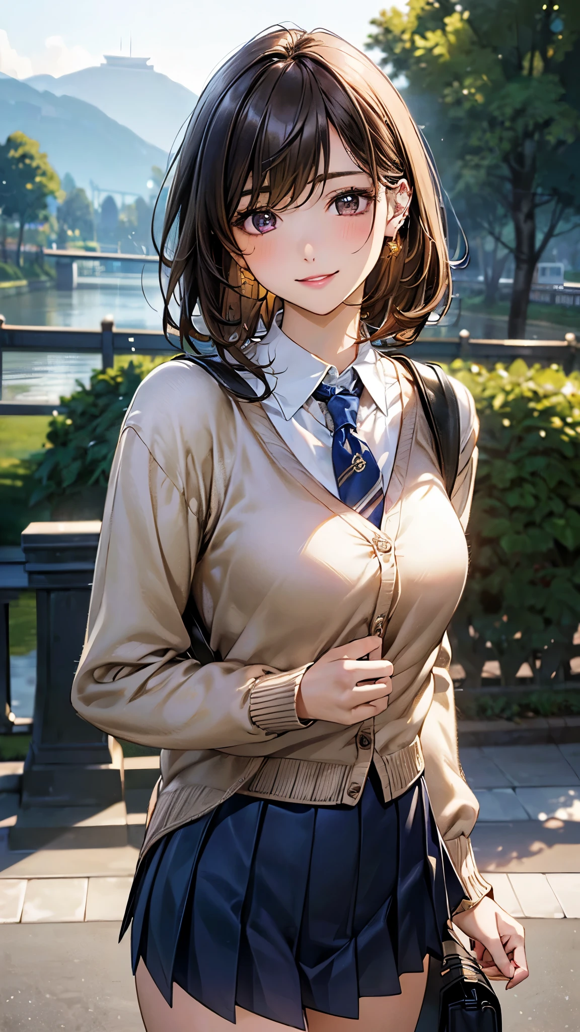 (masterpiece:1.2, top-quality), (realistic, photorealistic:1.4), beautiful illustration, (natural side lighting, movie lighting), 
looking at viewer, cowboy shot, front view, 1 girl, japanese, high school girl, perfect face, cute and symmetrical face, shiny skin, 
(short hair, bwown hair), parted bangs, gold eyes, (missle breasts:0.6, seductive thighs, big ass), piercings, 
beautiful hair, beautiful face, beautiful detailed eyes, beautiful clavicle, beautiful body, beautiful chest, beautiful thigh, beautiful legs, beautiful fingers, 
((long sleeve white collared shirts, navy pleated mini skirt, light brown cardigan)), shool bag, russet tie, 
(beautiful scenery), evening, riverside, walking, (lovely smile, upper eyes), 