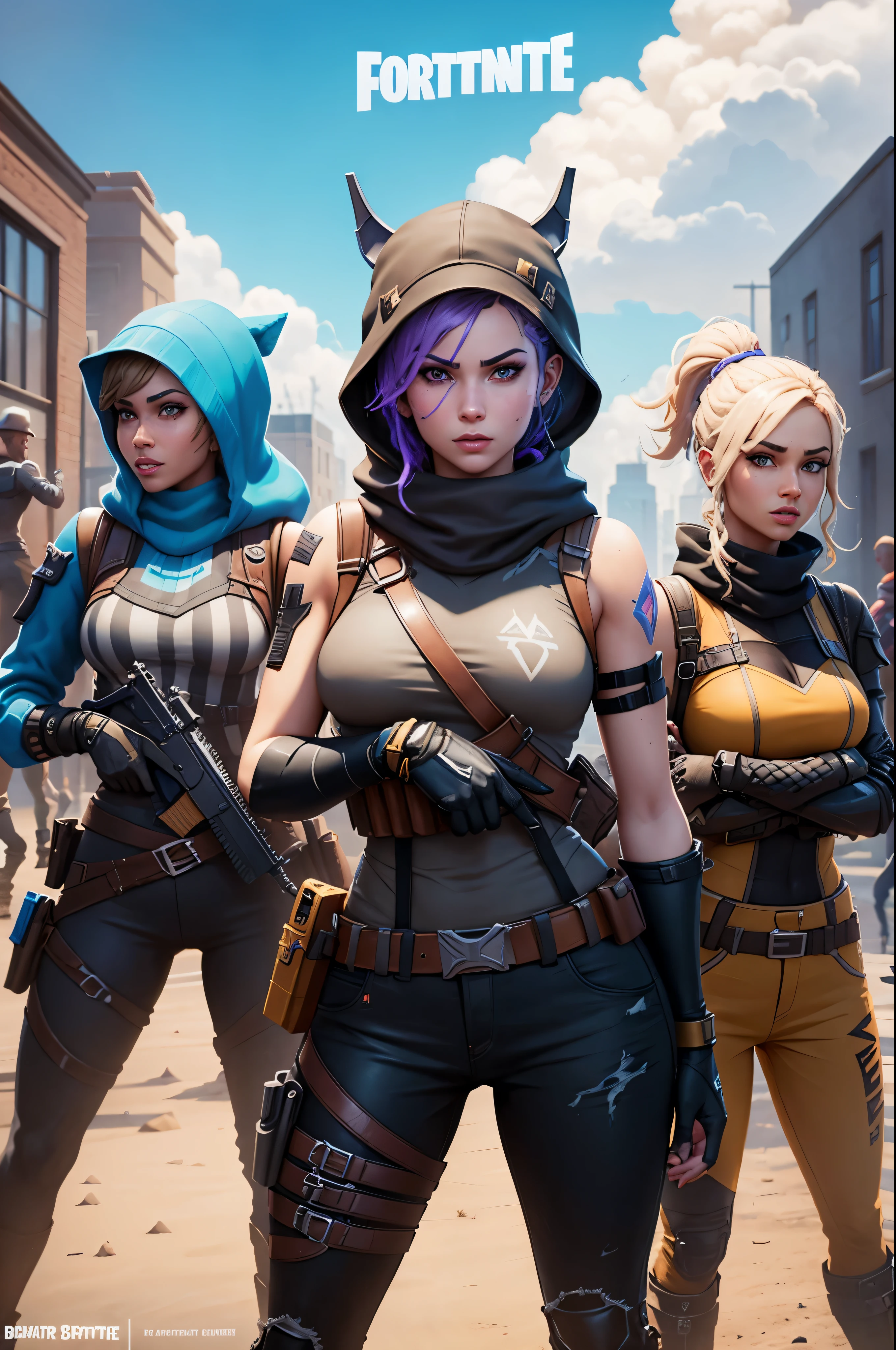 a new promotional poster for the game FORTNITE, incluindo um grupo de SKINS originais do jogo
