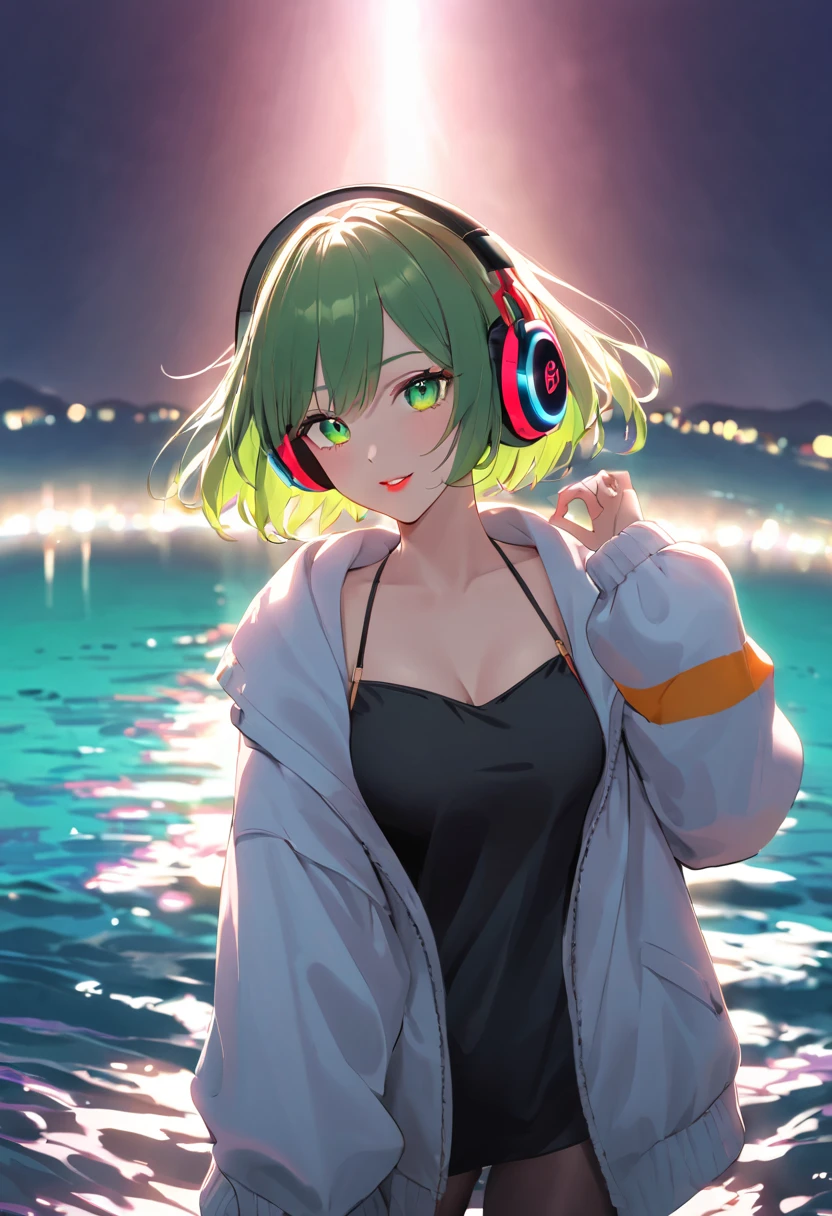 very sexy and beautiful adult woman with large green eyes, short raybon hair. Impeccably make up with red lipstick, dark eyeshadow accentuating her bright eyes. She's dressed in an open jacket that's slightly oversized, wearing a top covering her ample bosom. Sporting large, colorful headphones, she stares directly at the camera. The background is a vibrant water like setting with various multicolored light effects. Cinematic light, she is happy and enjoyng it