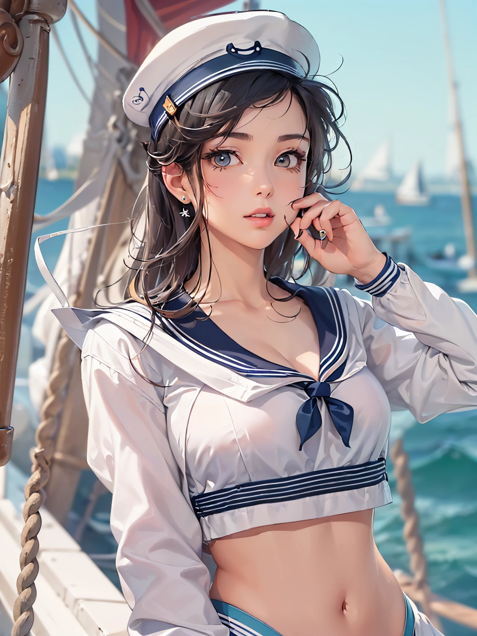 ((highest quality)),(ultra high resolution),(Super detailed),(detailed description),((best CG)),(best work of art),super precision art,great drawing art,(Art with precise details:1.5), (one female sailor:1.5),beautiful and well-shaped face:1.5,(Beautiful skin with precise and detailed depiction:1.6),(Sailor suit depicted with great precision:1.5),Breasts big enough to push up a sailor suit:1.6