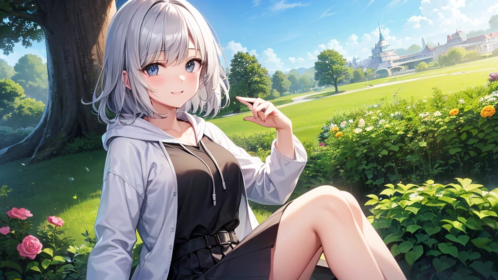 super high quality, with a girl, 20-year-old, very short hair, long bangs between the eyes, gray eyes , blue sky, sunlight, very detailed,(masterpiece、highest quality)、alone、gray hair、laughter、fantasy, silver hair, black eye, beautiful eyes,, ecstasy, charm, be smitten with audience, fantasyな風景、Princess、white hoodie、black shirt、black skirt
