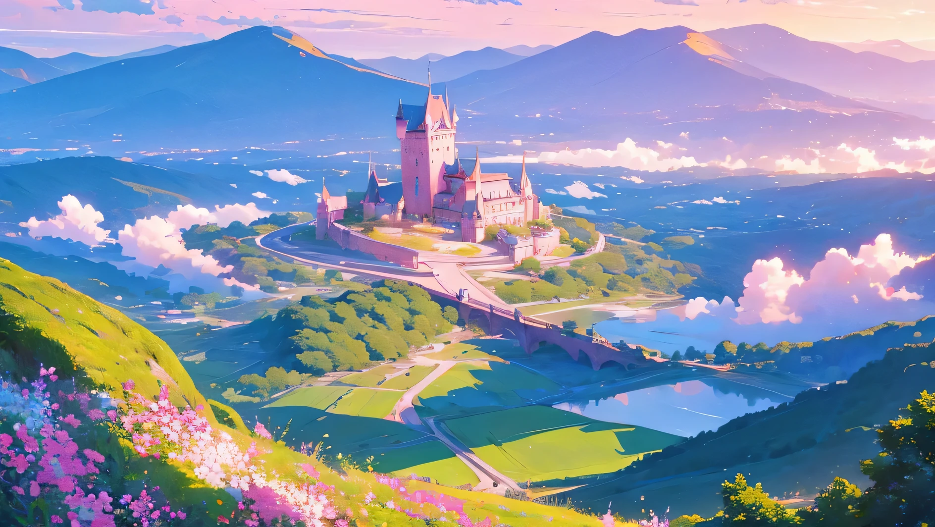 A big Magical castle landscape water lake pink clouds and a beautiful valley golden hour lots of flowers and plants