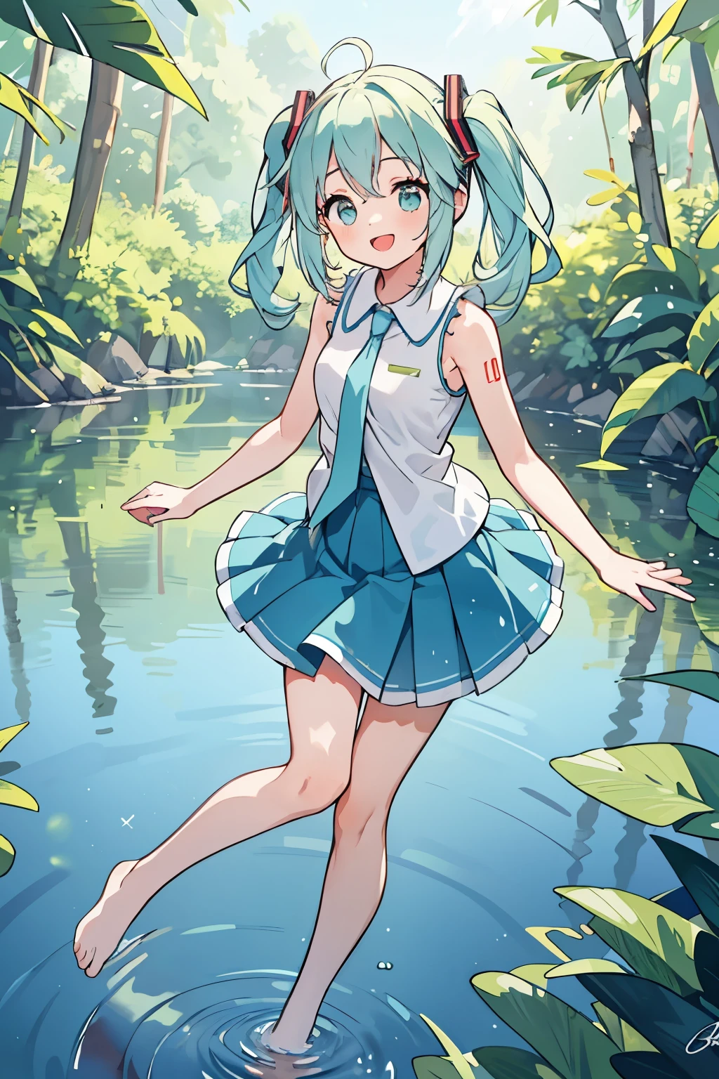 lake in the middle of a forest, Standing on the surface of the water, 18 year old girl, smile, fun, Hatsune Miku, sleeveless costume, mini skirt, Ripples spreading from the girl&#39;s feet on the water surface, summer, Natural light