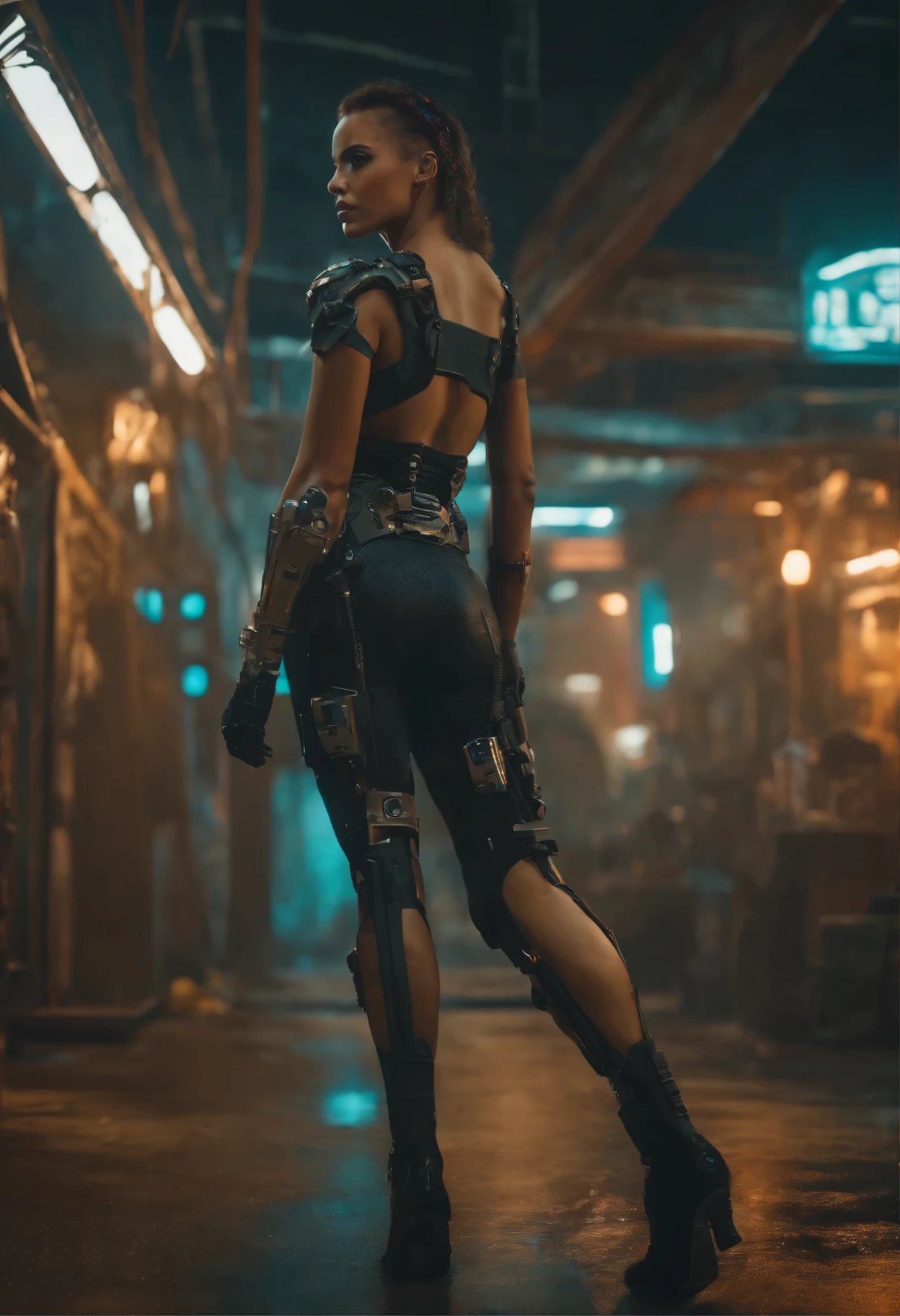 uma belissima mulher ciborgue cyberpunk, olhos azuis, calelo curto, corpo humano, mechanic legs, mechanical arms, em uma cidade furista, 8k ultra detalhado e realista