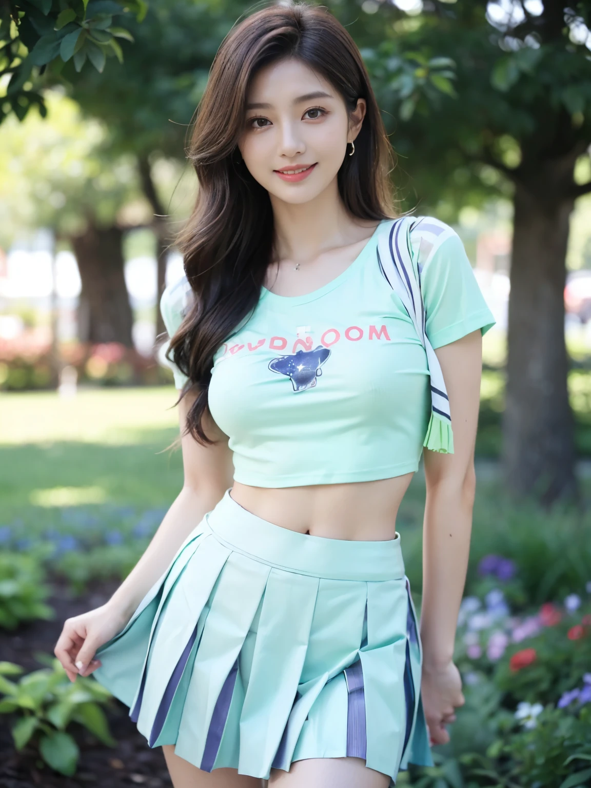 ((((highest quality))))、(((Ultra-precision CG16K wallpaper)))、(((masterpiece)))、(((Super detailed)))、(((super extreme details)))、1people's women、mature woman、25 year old woman、((Japanese face))、((very beautiful face))、((Zuo々Ki Nozomi:1.5))、((Soft wave semi-long hair:1.3))、(shiny hair)、bangs up to eyebrows、beautiful brown hair、beautiful delicate eyes、brown eyes、raised eyebrows、high nose、small nostrils、small mouth、seductive lips、mouth slightly open、beautiful breasts、C cup size breasts、cleavage、plump body、perfect proportions、perfect anatomy、perfect composition、beautiful detailed shading、beautiful natural lighting、beautiful detail glow、Depth of bounds written、(((High chroma)))、(((real:1.9)))、((vivid:1.4))、((beautiful skin))、((skin texture))、((realな皮膚感))、(((cowboy shot:1.5)))、((Angle seen from the front:1.5))、((smile:1.4))、(Eyes looking at me:1.3)、bright sunshine、(((garden:1.3)))、(standing pose:1.5)、(((Striped tight crop T-shirt:1.5)))、(((Mint green color pleated mini skirt clothing:1.5)))、