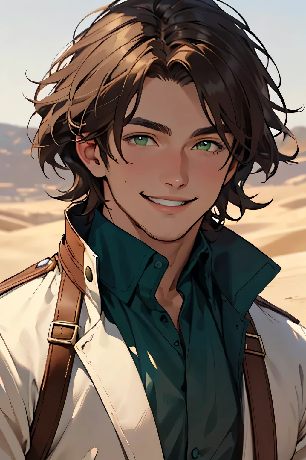 ((best quality)), ((masterpiece)), (detailed), perfect face, male, green eyes, brown hair, wearing 1900s cowboy attire, smiling brightly, background is a desert