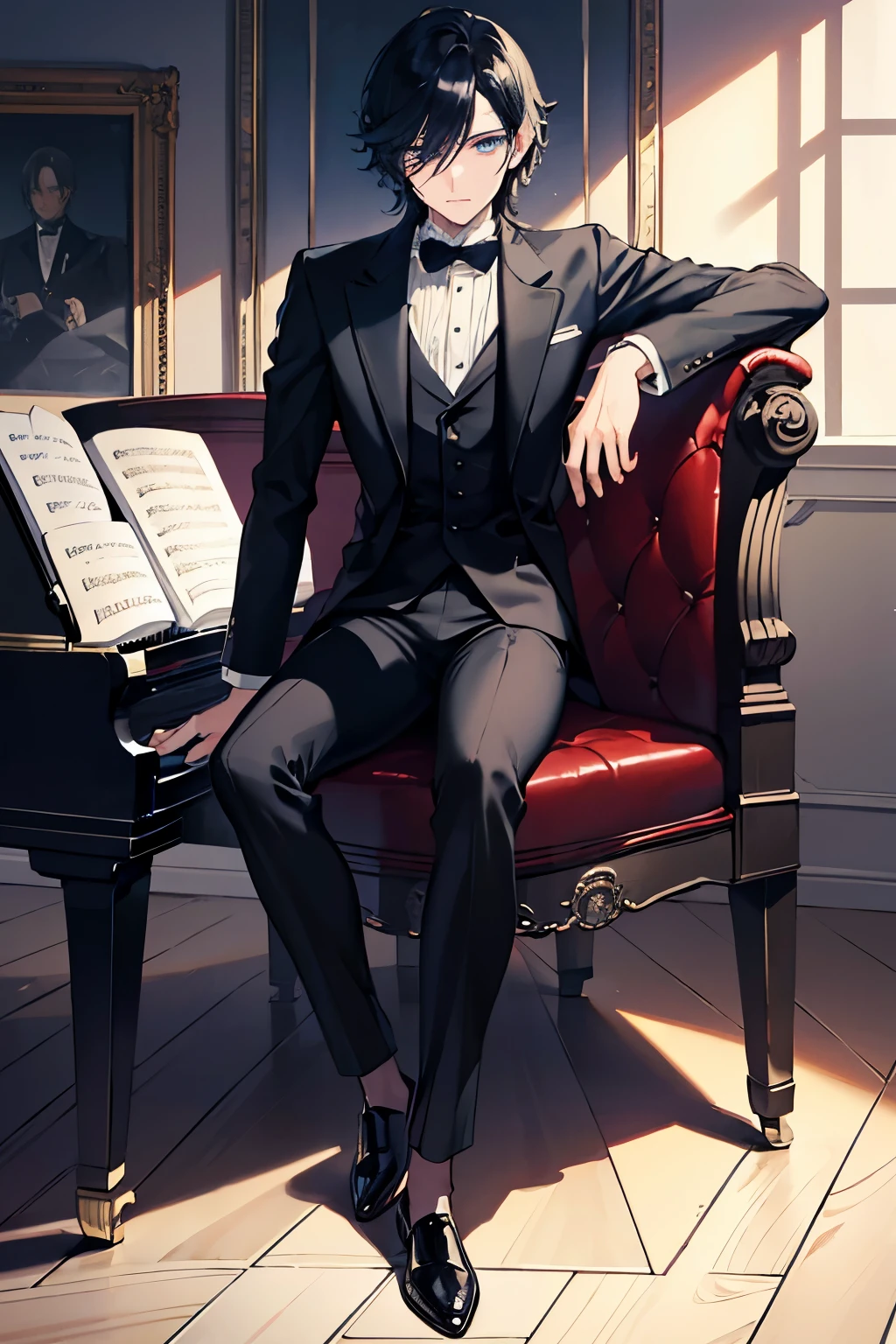 male　black hair　blue eyes　sit and play the piano　suit　leather shoes　aristocratic mansion　masterpiece　Highest image quality　noise removal　clear parts 　cinematic shadow　Increased attractiveness of the eyes　clear parts the shine of the eyes　Draw eyelashes neatly　perfect eyes　detailed eyes　Sharpen image quality　Sharpen eye writing　clear parts eye shape