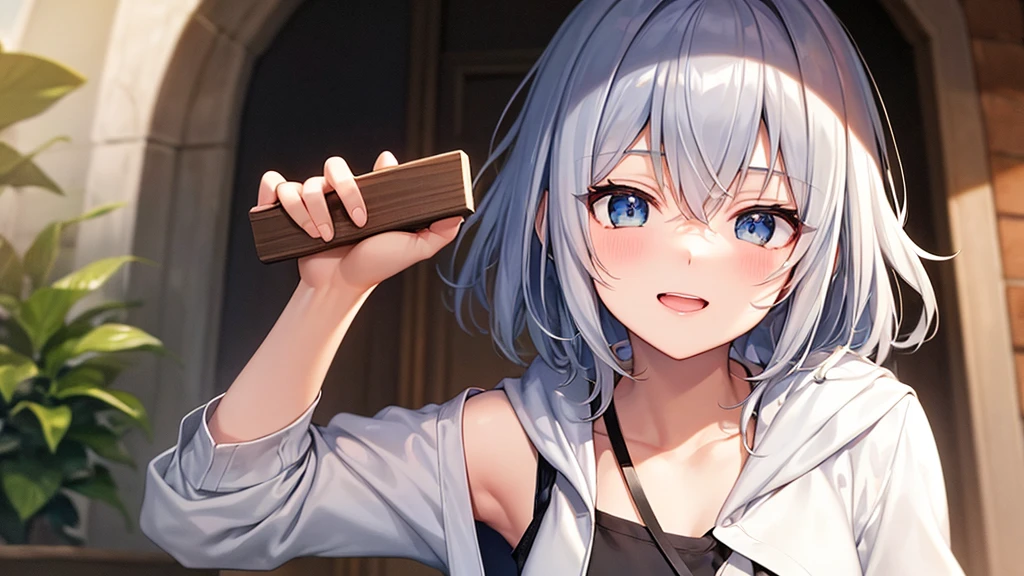 super high quality, with a girl, 20-year-old, very short hair, long bangs between the eyes, gray eyes , blue sky, sunlight, very detailed,(masterpiece、highest quality)、alone、gray hair、laughter、fantasy, silver hair, black eye, beautiful eyes,, ecstasy, charm, be smitten with audience, fantasyな風景、Princess、white hoodie、black shirt、black skirt