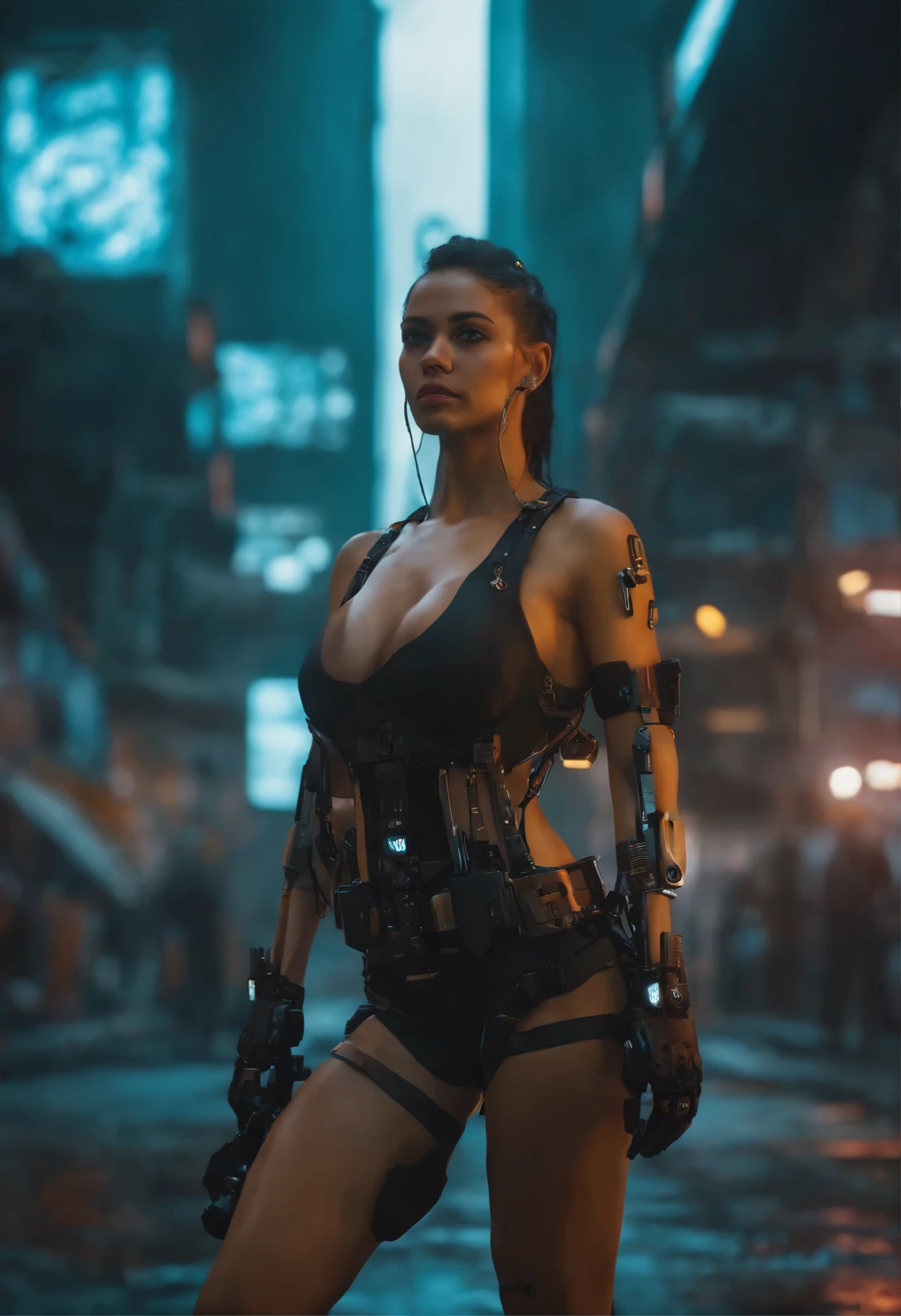 uma belissima mulher ciborgue cyberpunk, olhos azuis, calelo curto, corpo humano, mechanic legs, mechanical arms, em uma cidade furista, 8k  ultra detalhado e realista