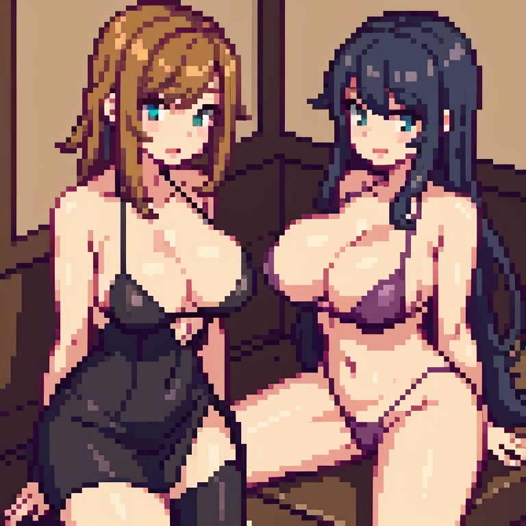 Sexy, girl, breasts, 2 girls, sexy sitting pose, breast drop, woman