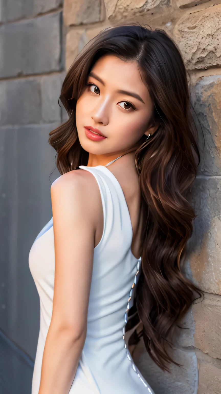 Hyper-Realism, (Photorealsitic:1.4), 8K, maximum resolution, (​masterpiece), highly detailed, best quality, Refined face, Japanese beautiful woman, detailed beautiful eyes and lip, beautiful face, 25yo, (full body:1.3), (whole body:1.3), Bodycon dress, sexy physique, long wavy hair, sultry expression