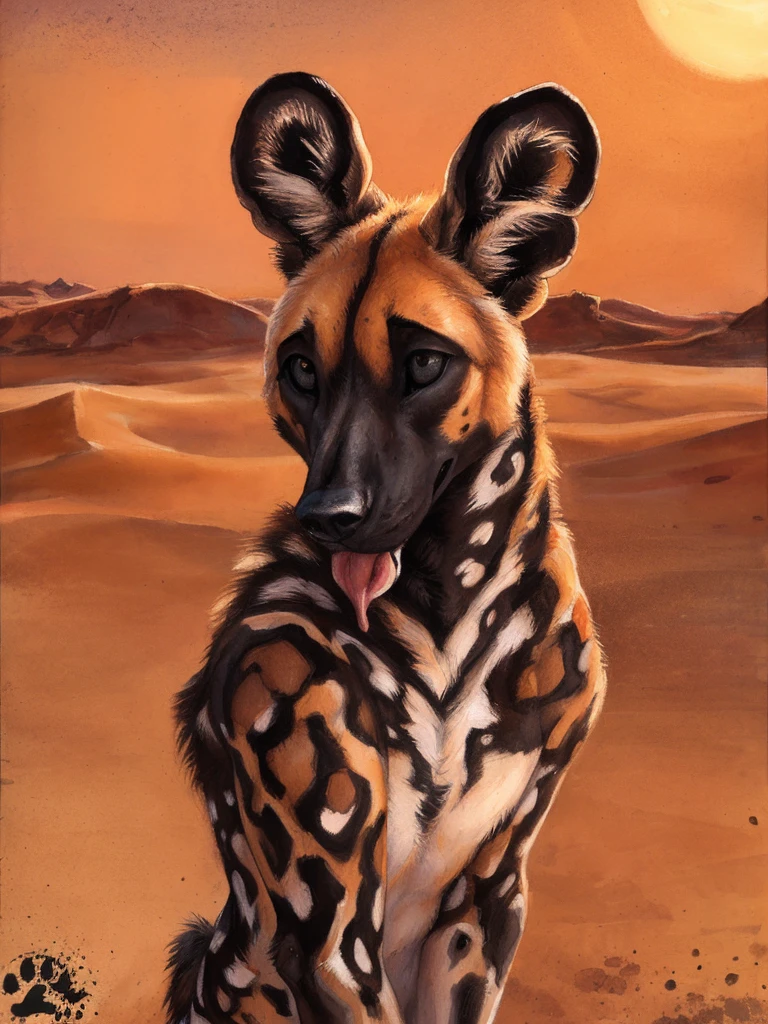 solo, anthro, African Wild Dog, feminine body, tongue, shy, male, shaggy fur, tail, beautiful eyes, perfect eyes, symmetrical eyes, (black retinas:1.2), detailed background, sahara desert background, dusk, realistic, photorealistic, ultra realistic, 8k, (by blotch), setting sun