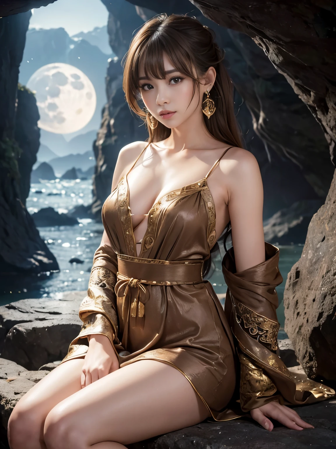 (masterpiece,Super detailed,8K,highest quality:1.5),((super cute)),best image quality, Two-dimensional beauty,semi-long,(light brown hair,brown eyes:1.3),sensual figure,intricate details,charm, realistic texture, charmな,(cave,moonlight:1.3),(She is wearing a fantastic ocher long robe all over her body.),jewelry,(Crescent Earrings:1.3),bare shoulders,beautiful and delicate hands,Sitting with your knees closed