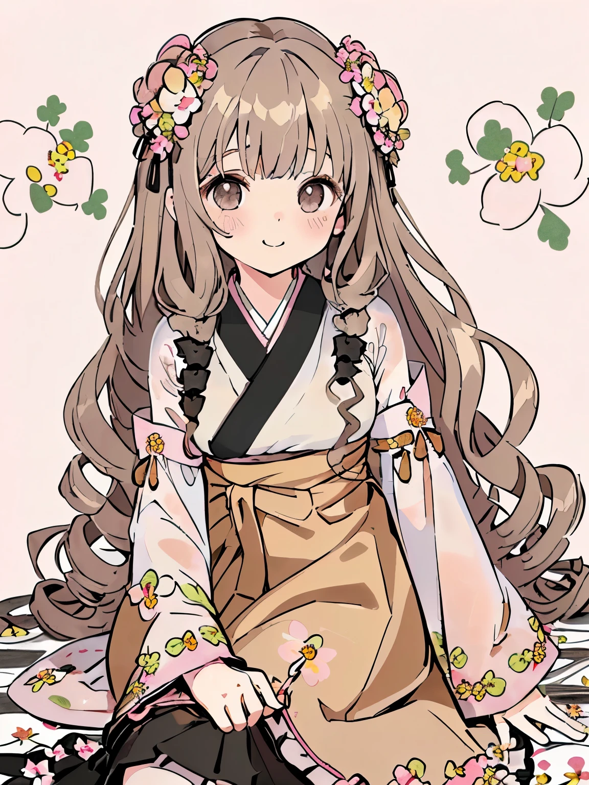 (light brown hair:1.2),(long hair with curls:1.3),(drill curl hair:1.25),(Odango Hair:1.3),(black eye:1.4),(Eye size:1.5),(Accessories with flower motifs:1.3),((Hanbok fashion:1.4)),(sheer sleeve:1.4),(Fluffy skirt:1.35),(Background full of blooming flowers:1.5),(blush),(cute smile:1.3),(small breasts:1.4),(close up of face:1.25),((frog-sit on the floor:1.3)),