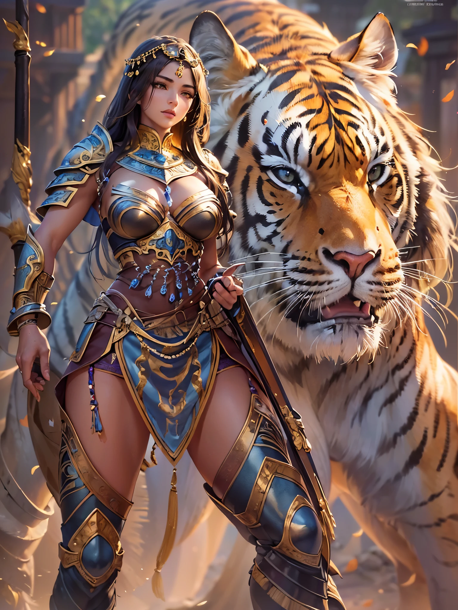 ((highest quality)),(ultra high resolution),(Super detailed),(detailed description),((best CG)),(best work of art),super precision art,great drawing art,(Art with precise details:1.5), (one female warrior:1.5),beautiful and well-shaped face:1.5,(Beautiful skin with precise and detailed depiction:1.6),(Very detailed light armor:1.5),riding a big tiger:1.6