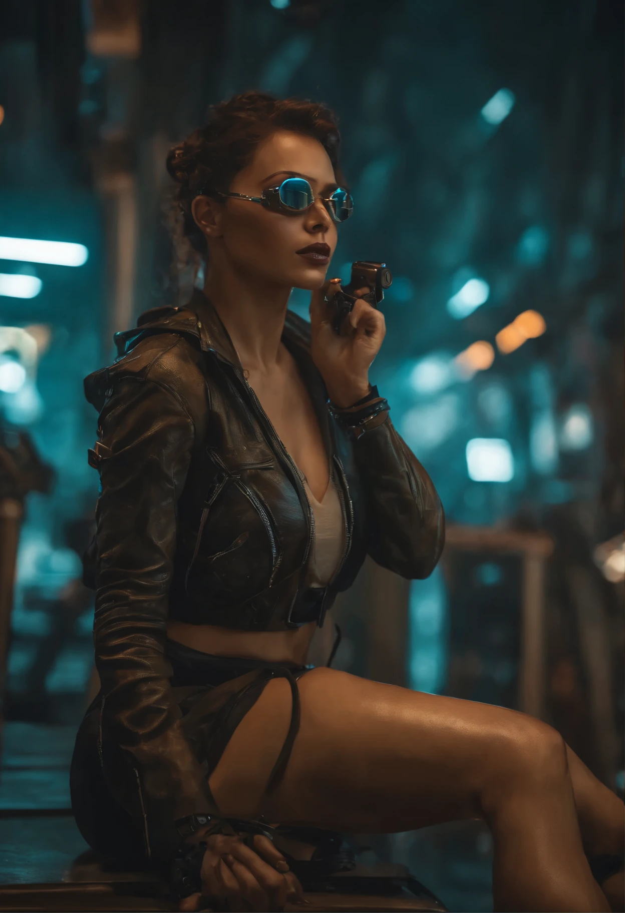 uma belissima mulher ciborgue cyberpunk, olhos azuis, calelo curto, corpo humano, mechanic legs, mechanical arms, em uma cidade furista, 8k ultra detalhado e realista