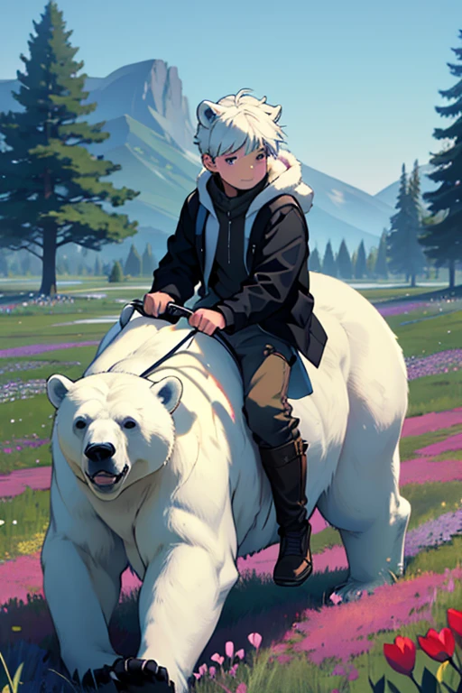 boy with a polar bear face riding a black bear in the middle of a field of flowers
