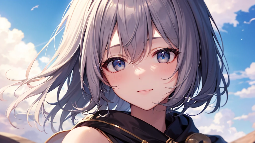super high quality, with a girl, 20-year-old, very short hair, long bangs between the eyes, gray eyes , blue sky, sunlight, very detailed,(masterpiece、highest quality)、alone、gray hair、fantasy, silver hair, beautiful eyes,, ???????, charm, be smitten with audience, fantasyな風景、Princess、close up on face、white hoodie