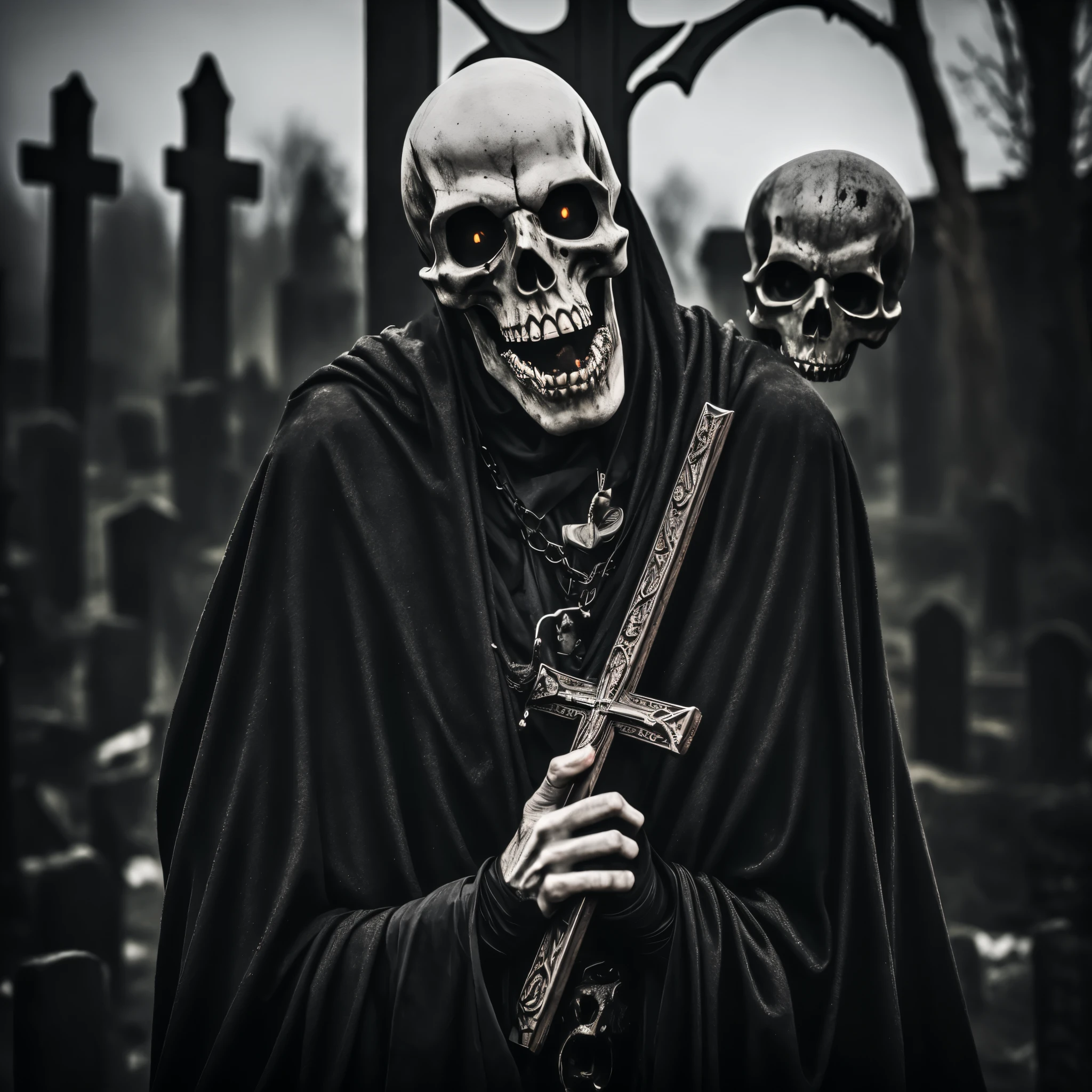 smiling close-up death holding a cross in hand,ultra-detailed,gloom,dark tone,sharp focus,stark lighting,portrait,gothic,high contrast,shadowy,monochrome,haunting,vivid red,grimace,macabre,detailed bones,imposing presence,ethereal,ominous atmosphere,black and white,dark,foreboding,creepy,horror,pale skin,teeth,eye sockets,grinning skull,dark robe,gothic jewelry,spooky,haunted,piercing gaze,ominous shadows,cemetery backdrop,ghostly,deathly allure,grim,foreboding,frightening,eerie