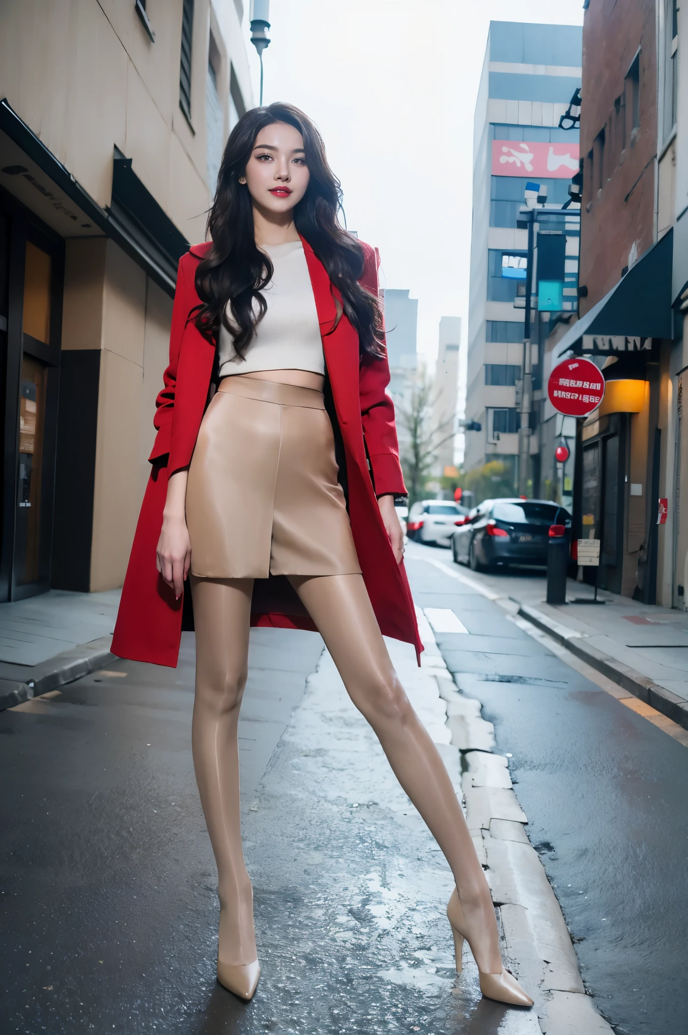 best quality, 4K, 8k, Detailed faces, clear face, full-body shot，beautiful girl, Korean makeup, red lips, smilingly, Perfect body,wavy long hair,small,Leg length,Slim,thin, girl wearing long and wide coat, Under the jacket is the top tube and tying, lower abdomen, Winters, street,skin tone，High heel