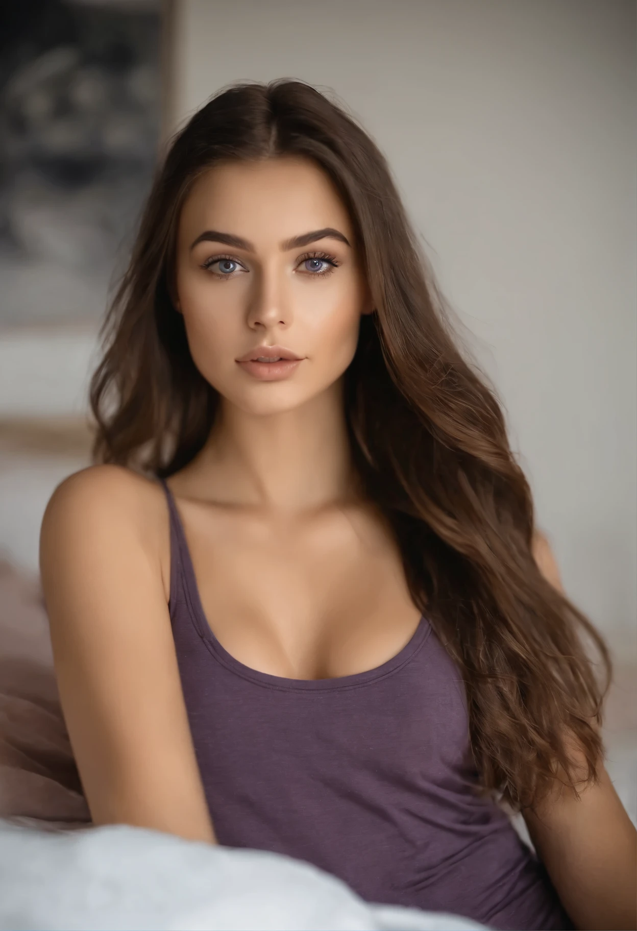 Arafed woman with tank top, fille Sexy aux yeux verts, Portrait Sophie Mudd, cheveux bruns et grands yeux, selfie of a young woman, Yeux de chambre, Violet Myers, sans maquillage, maquillage naturel, looking straight at camera, Visage avec Artgram, Maquillage subtil, Superbe photo du corps entier, dans la chambre, clivage, tits, ass, Sexey, Sexe, levrette, position Sexee, on the sea with pikini