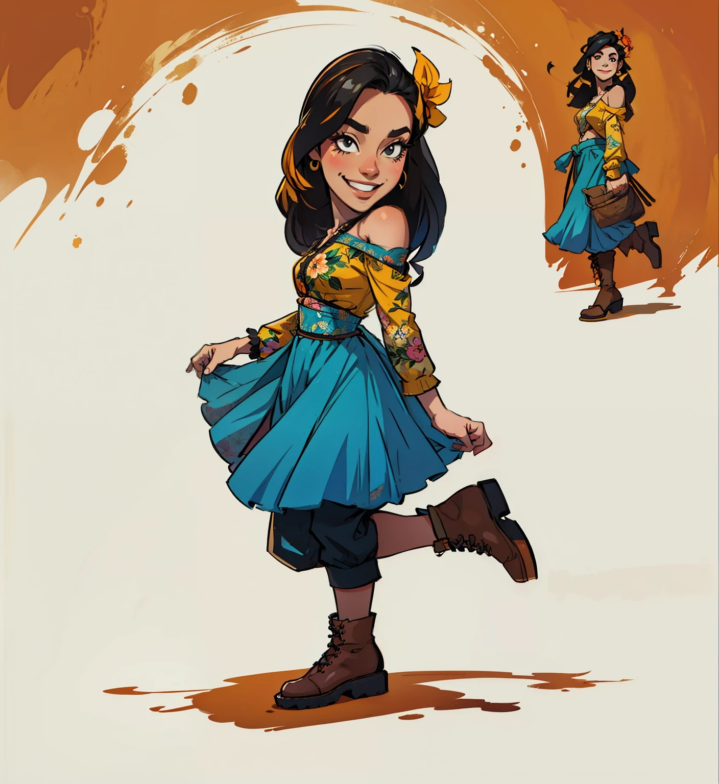 Mulher, estilo dos desenhos animados, saia amarela, black pants, camisa floral, bota marrom, sorrindo, pixar style.