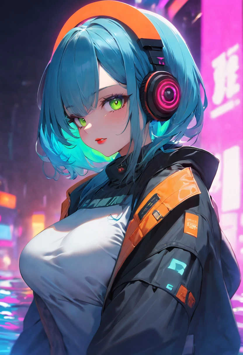 A young and very sexy and beautiful adult woman with large green eyes, long Blue hair and heavily inspired in cyberpunk art. Impeccably make up with red lipstick, dark eyeshadow accentuating her bright eyes. She's dressed in an open jacket that's slightly oversized, wearing a top covering her ample bosom. Sporting large, colorful headphones, she giving a side look tô the camera. The background is a vibrant water like setting with various multicolored light effects. Cinematic light, she is happy and enjoyng it
