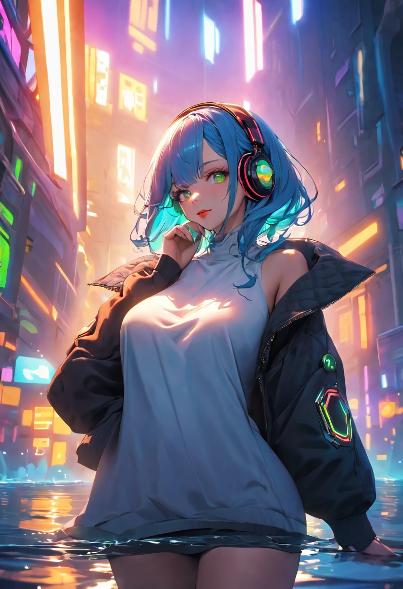 A young and very sexy and beautiful adult woman with large green eyes, long Blue hair and heavily inspired in cyberpunk art. Impeccably make up with red lipstick, dark eyeshadow accentuating her bright eyes. She's dressed in an open jacket that's slightly oversized, wearing a top covering her ample bosom. Sporting large, colorful headphones, she giving a side look tô the camera. The background is a vibrant water like setting with various multicolored light effects. Cinematic light, she is happy and enjoyng it