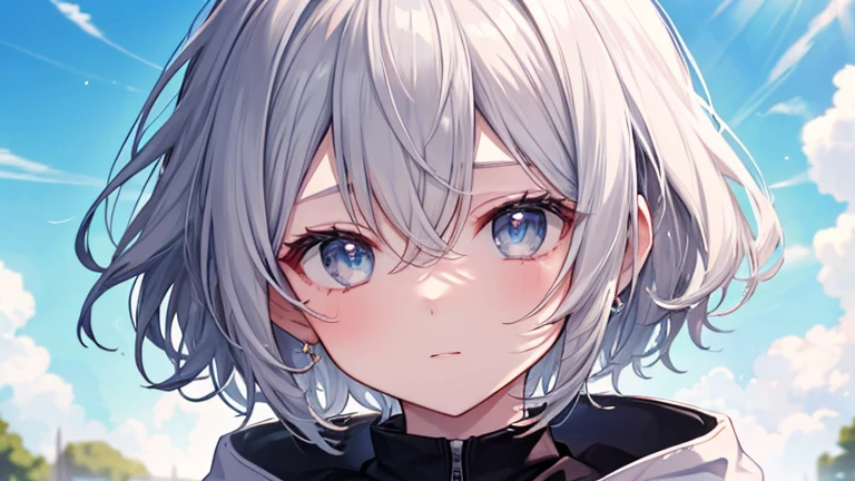 super high quality, with a girl, 20-year-old, very short hair, long bangs between the eyes, gray eyes , blue sky, sunlight, very detailed,(masterpiece、highest quality)、alone、gray hair、fantasy, silver hair, beautiful eyes,, ecstasy, charm, be smitten with audience, fantasyな風景、Princess、close up on face、white hoodie