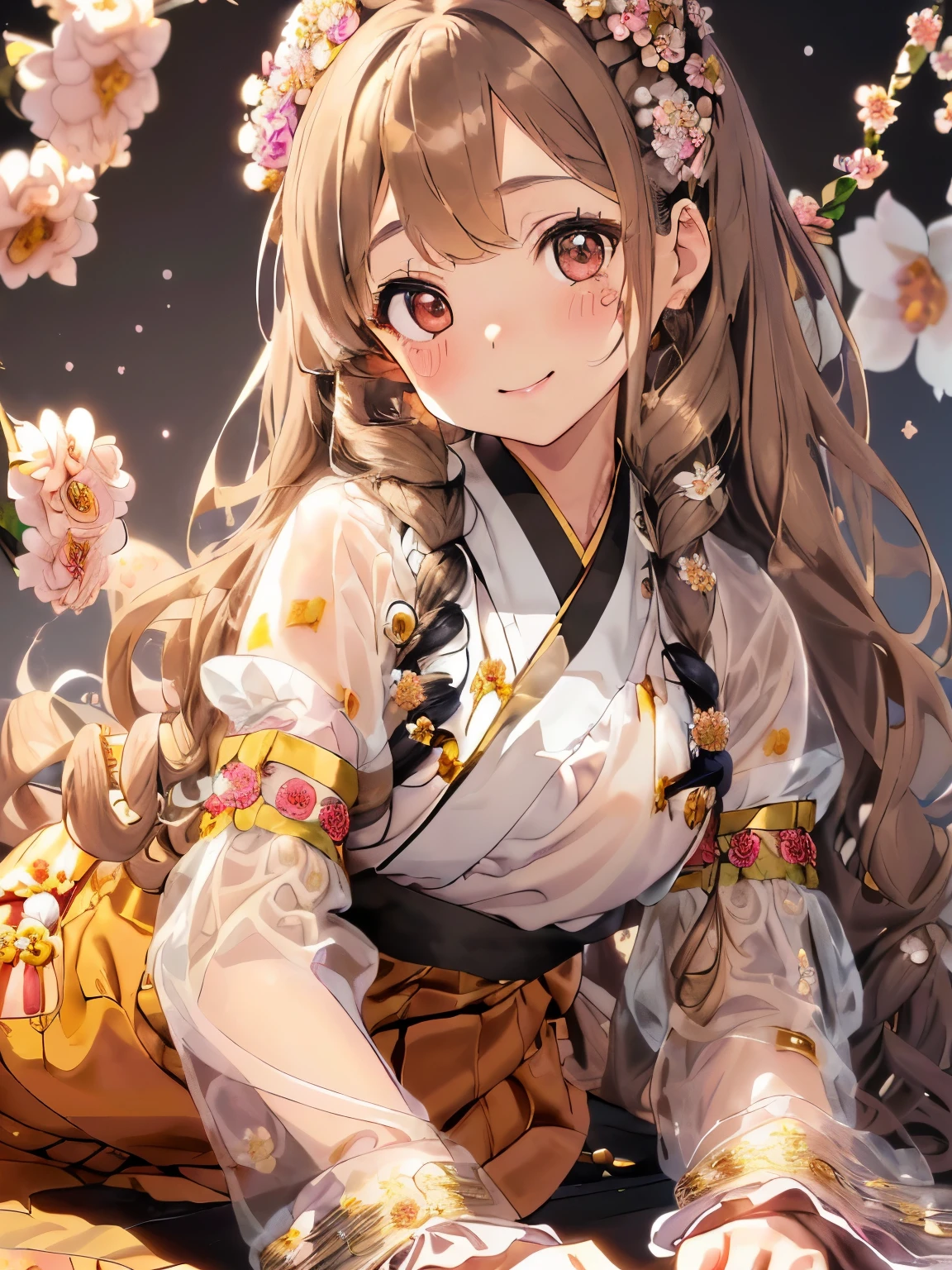 (light brown hair:1.2),(long hair with curls:1.3),(drill curl hair:1.25),(Odango Hair:1.3),(black eye:1.4),(Eye size:1.5),(Accessories with flower motifs:1.3),((Hanbok fashion:1.4)),(sheer sleeve:1.4),(Fluffy skirt:1.35),(Background full of blooming flowers:1.5),(blush),(cute smile:1.3),(small breasts:1.4),(close up of face:1.25),((on all fours:1.3)),