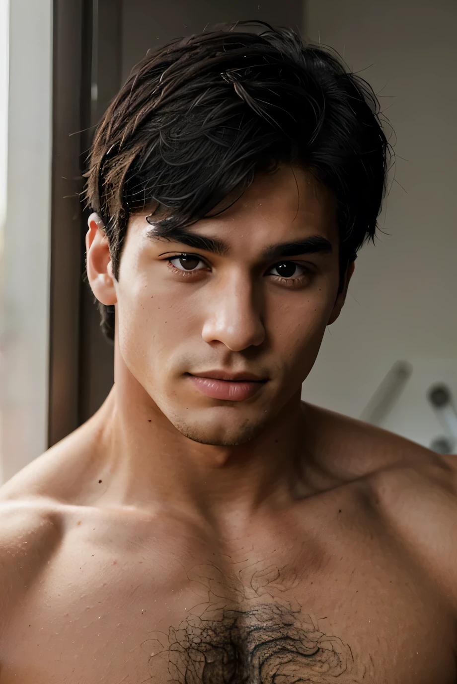 a handsome young man of 22 years old with black hair and black eyes and with muscles