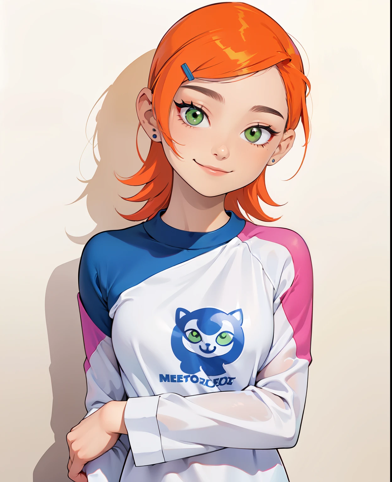 (masterpiece, best quality), 1girl, beautiful face, gwendolyn_tennyson, breasts, (1girl, solo:1.3),, blank background,, medium shot, detailed face,smile,  long sleeves, raglan sleeves, ,multicolored shirt, graphic shirt, full body,