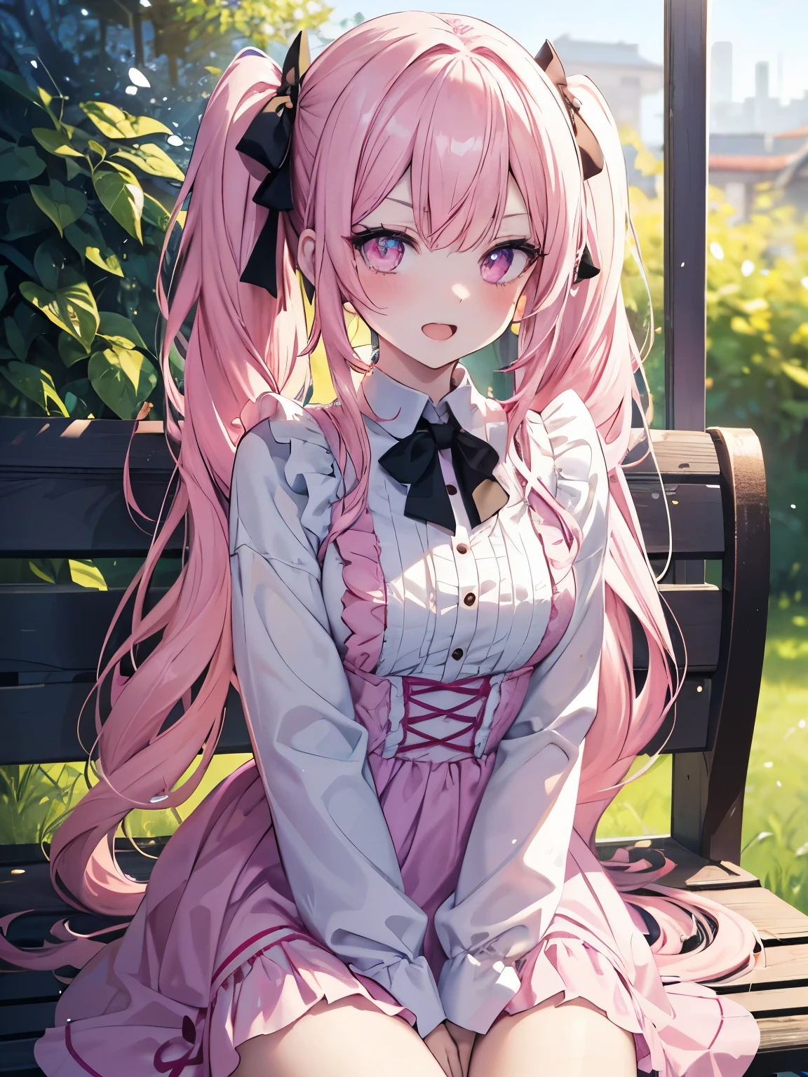 masutepiece, Highest Quality, (Perfect face:1.1), (high detailing:1.1), (ultradetailed eyes), Dramatic, superfine illustration, Extremely detailed,1girl in, ager,(pale skin), Happy, Laugh, Enjoy,Open mouth,gloweyes,pinkhair, (long twintail),Ethereal eyes, pink eye,blush, Solo,Pouty lips,Cinematic lighting,looking for viewer, cowboy shot,Long sleeve,PINK Princess dress,long length,outdoor,garden, sit on a bench,sunny,morning