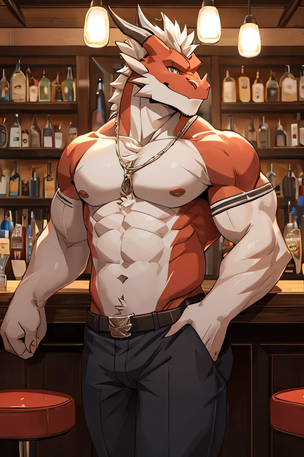a dragon, male, wearing indecent out fit, in a bar, looking teasingly, musicaler body, handsome