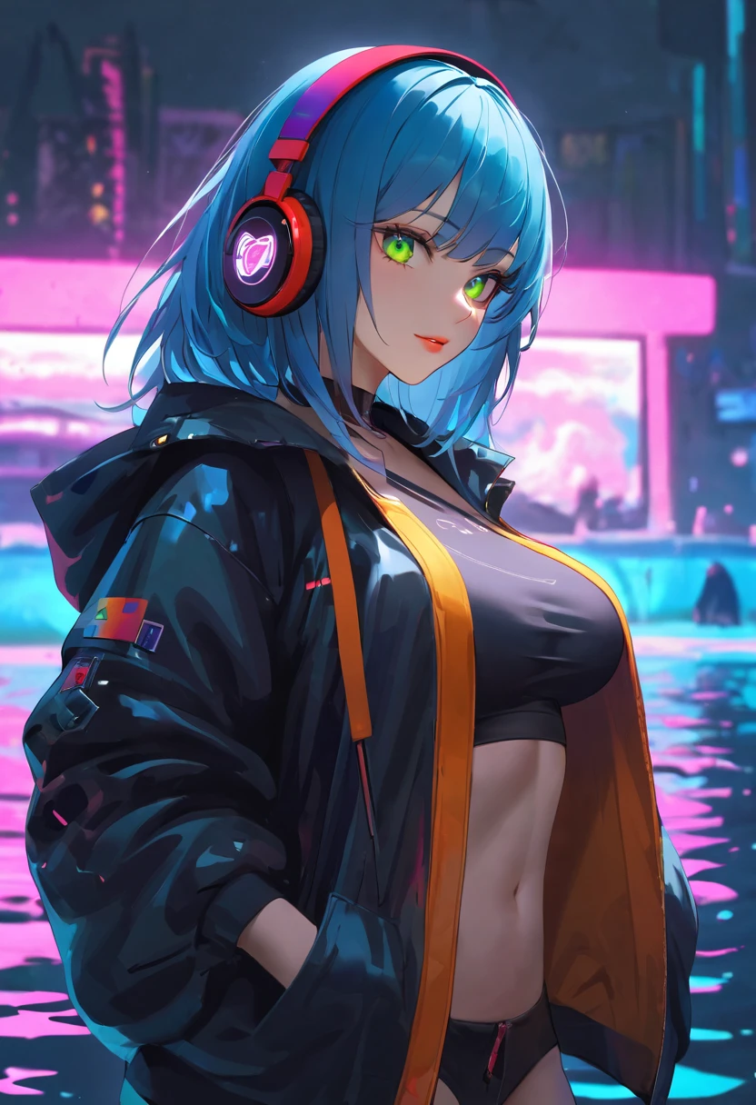 A young and very sexy and beautiful adult woman with large green eyes, long Blue hair and heavily inspired in cyberpunk art. Impeccably make up with red lipstick, dark eyeshadow accentuating her bright eyes. She's dressed in an open jacket that's slightly oversized, wearing a top covering her ample bosom. Sporting large, colorful headphones, she giving a side look tô the camera. The background is a vibrant water like setting with various multicolored light effects. Cinematic light, she is happy and enjoyng it