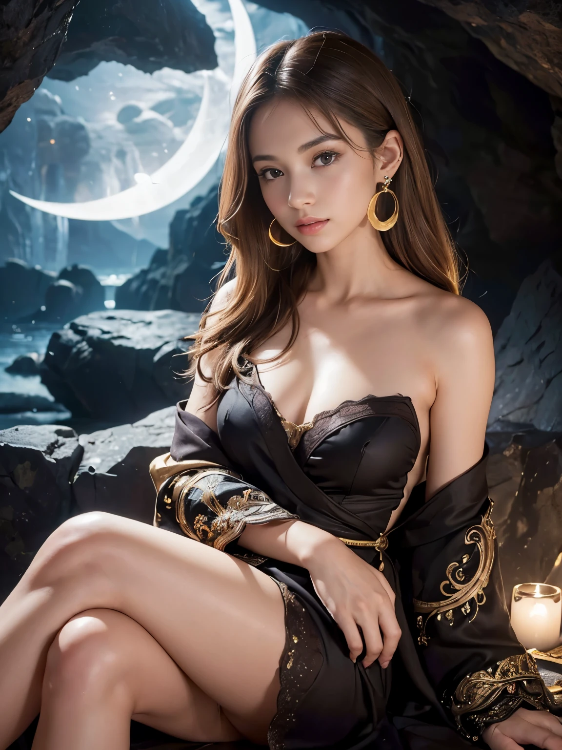 (masterpiece,Super detailed,8K,highest quality:1.5),((super cute)),best image quality, Two-dimensional beauty,semi-long,(Forehead:1.3),(light brown hair,brown eyes:1.3),sensual figure,intricate details,charm, realistic texture, charmな,(cave,moonlight:1.3),(She wears a fantastic citrine-colored long robe all over her body.),jewelry,(Crescent Earrings:1.3),bare shoulders,beautiful and delicate hands,Sitting with your knees closed