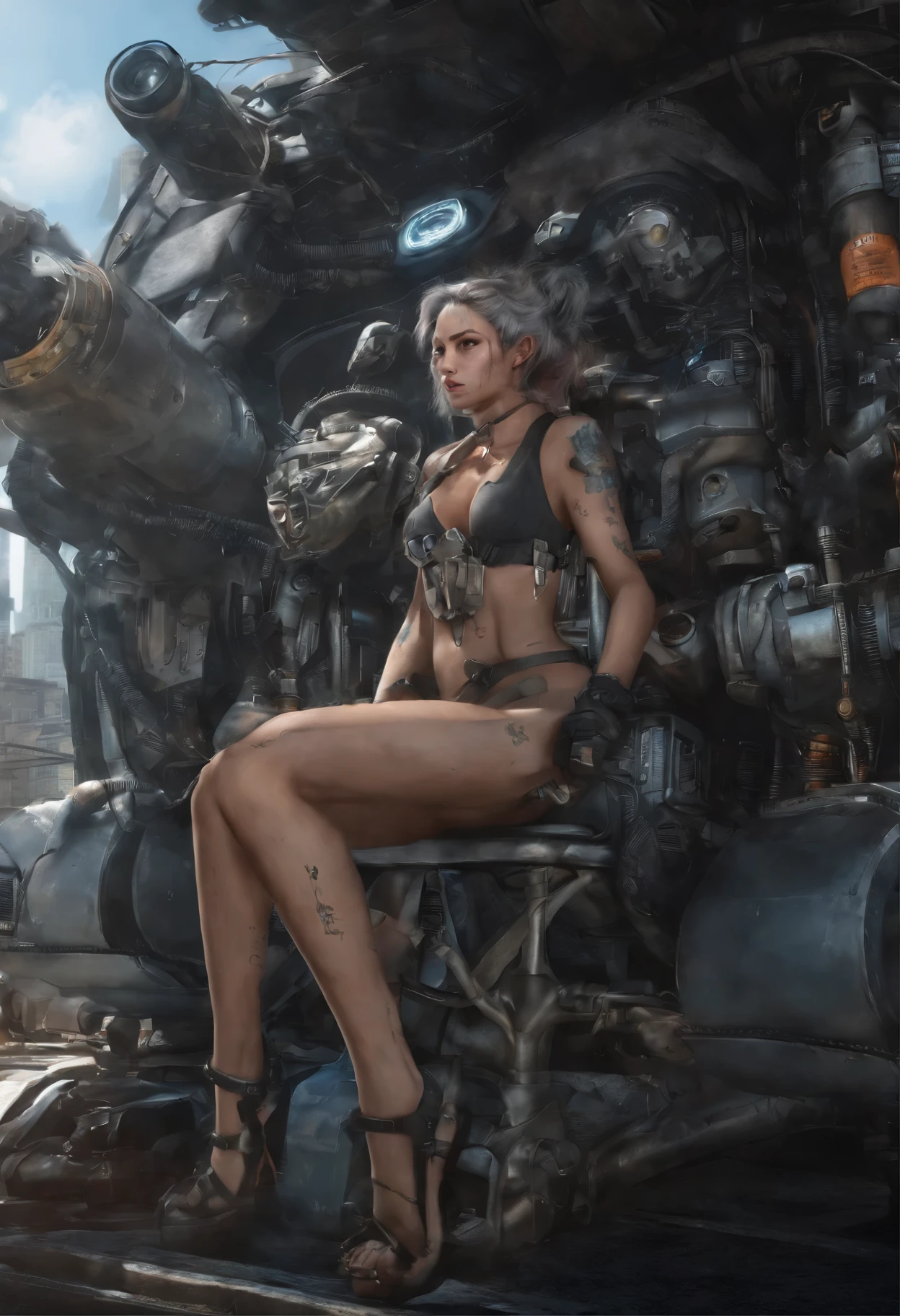 uma belissima mulher ciborgue cyberpunk, olhos azuis, calelo curto, corpo humano, mechanic legs, mechanical arms, em uma cidade furista, 8k ultra detalhado e realista