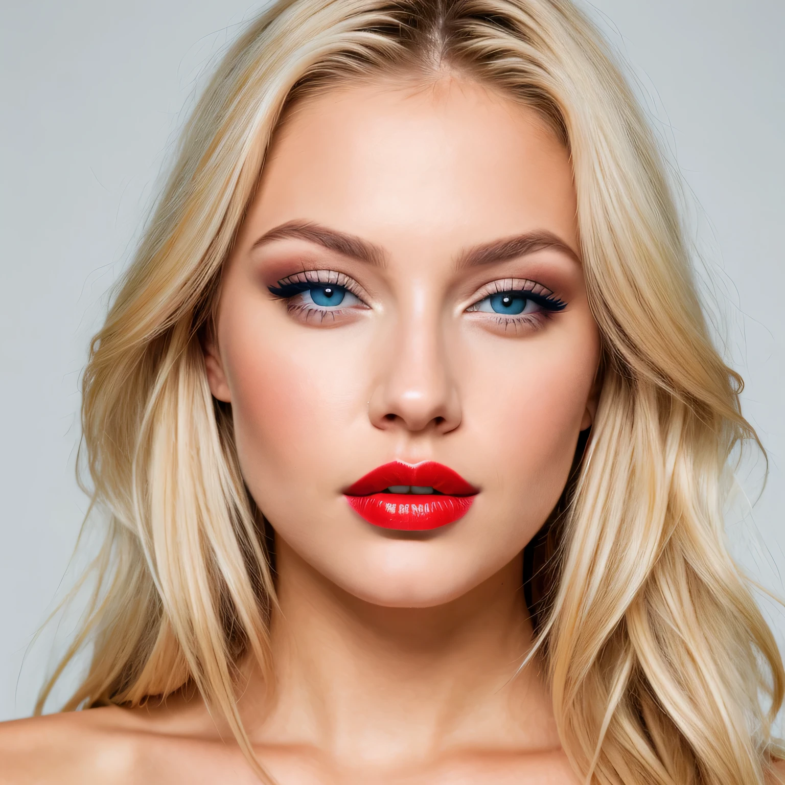 a headshot of a blonde woman with blue eyes and plump lips hyper realistic, glossy red lip stick