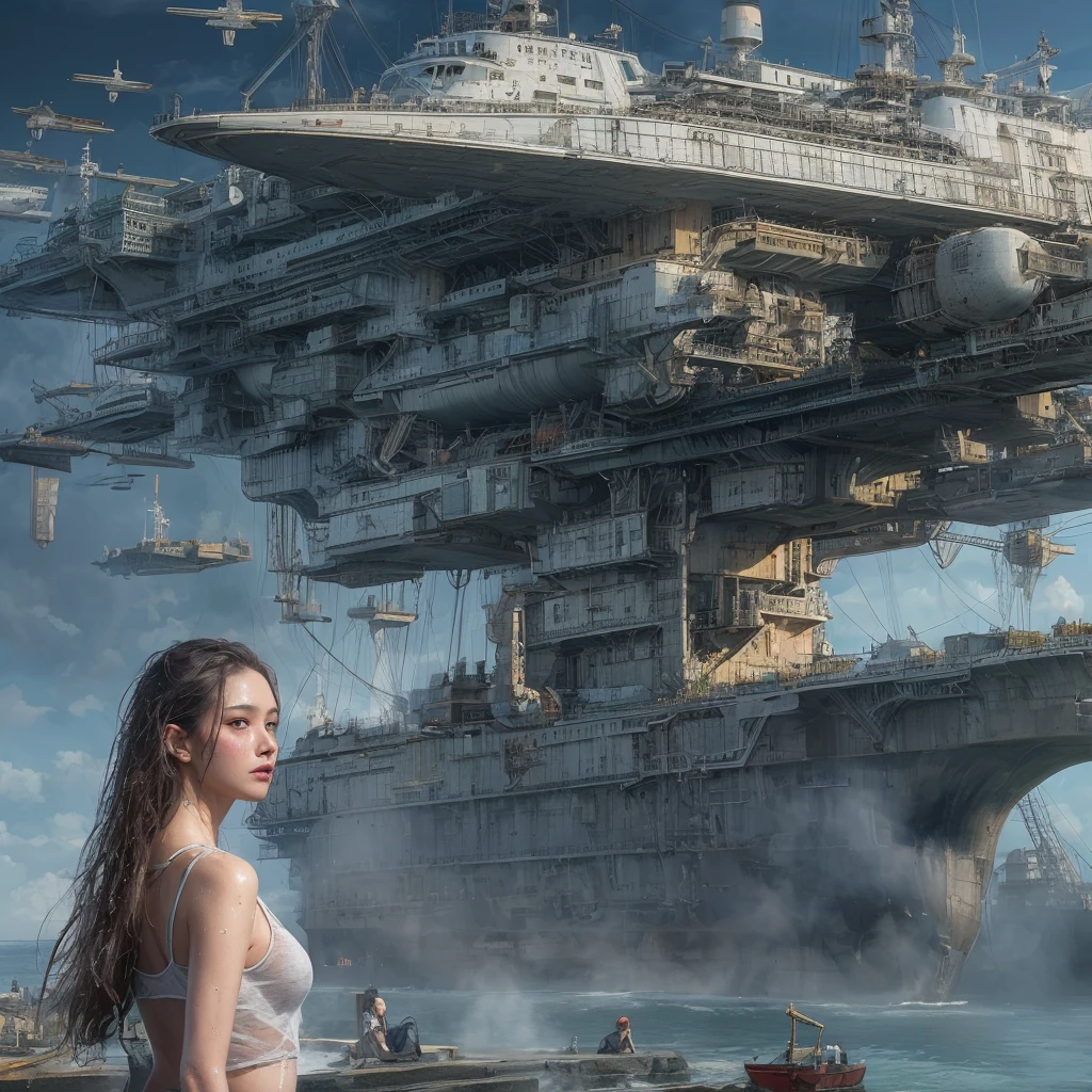 Ultra realistic 16K CG, masterpiece, Best Composition, Photo quality, work of art, Against the backdrop of an imperial star cruiser taking off, Detailed Imperial Star Super Dreadnought , side view, high detail, Lots of elements, flying transports, flying cargo ships, cranes, Manipulators. Sun rays, on the sides there are many detailed artillery batteries, radar emitters, space communications antennas, The Distant Future, naked girl stands on the shore of a cliff, body is dripping wet, Detailed vagina, Face detailing, detailed chest, water drops, transparent tank tops, wet T-shirt