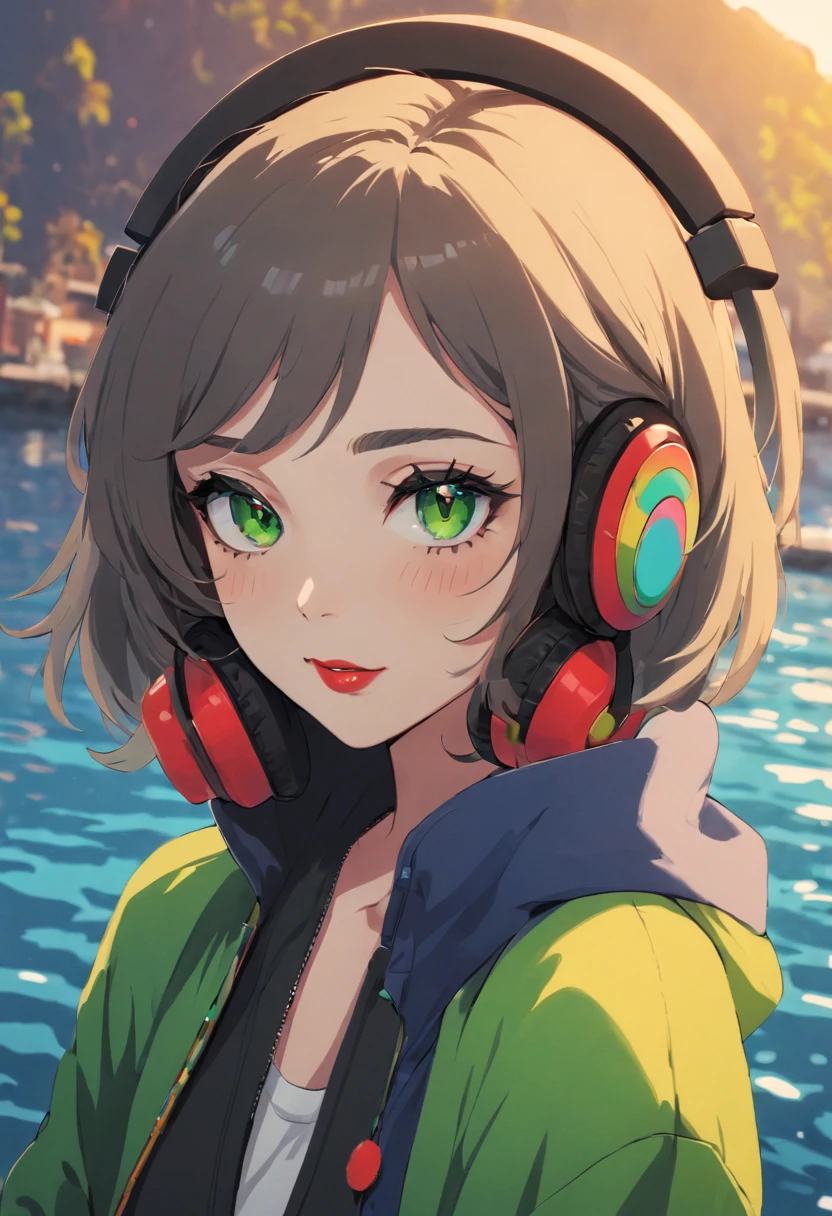 very sexy and beautiful adult woman with large green eyes. Impeccably make up with red lipstick, dark eyeshadow accentuating her bright eyes. She's dressed in an open jacket that's slightly oversized, wearing a top covering her ample bosom. Sporting large, colorful headphones, she stares directly at the camera. The background is a vibrant water like setting with various multicolored light effects. Cinematic light, she is happy and enjoyng it