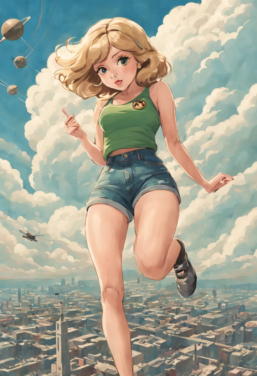 create an image from behind of Jennette McCurdy in a tiny green top and tiny jean shorts, riding a atomic bomb with the army label in the air, the city below among the clouds, high quality illustration Pin-up art