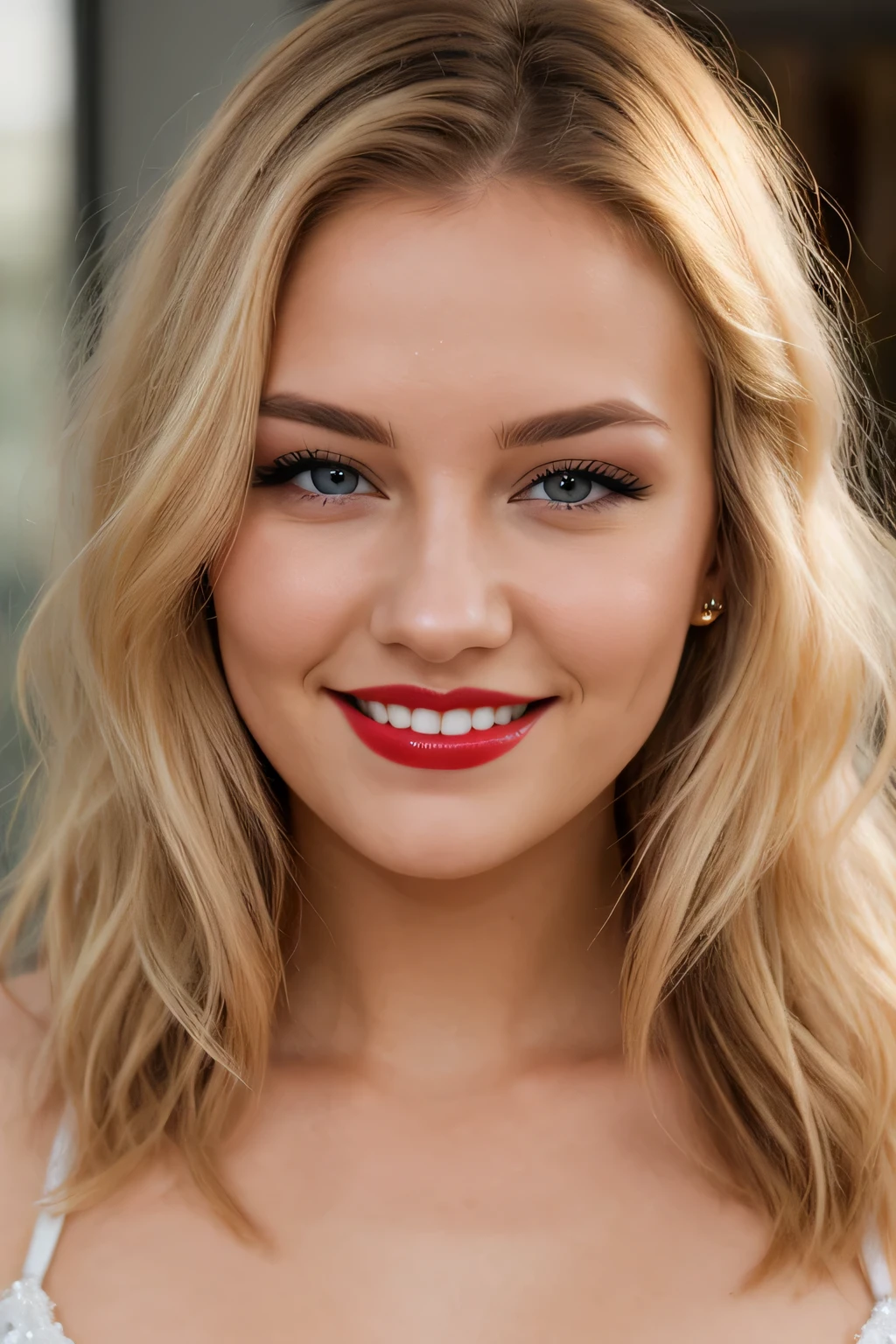 21 year old Scandinavian glamour model, detailed eyes, eyelashes, forehead, short hair, blonde hair, looking at viewer, smile, glossy red lips