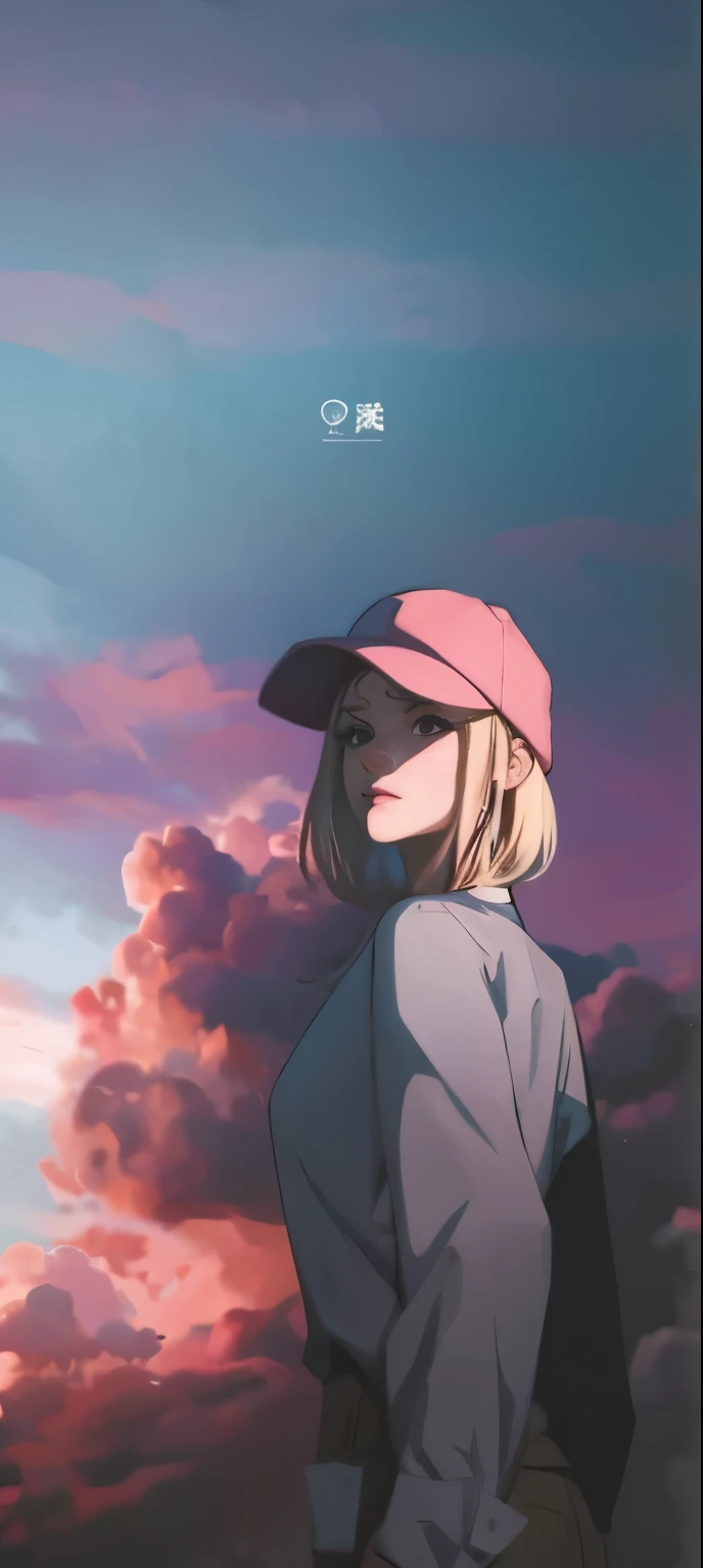 Blonde hair, white skin, pink hat, white shirt