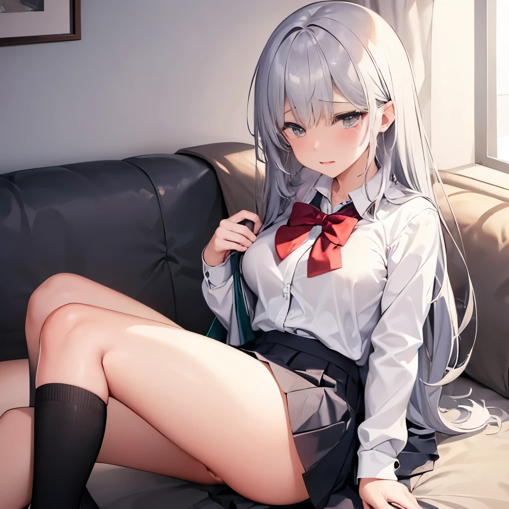 1 girl、nsfw、school uniform、how your pants、kneel、Closing one eye、silver hair、medium breasts、tears、cry、Black Pretz skirt、torn clothes